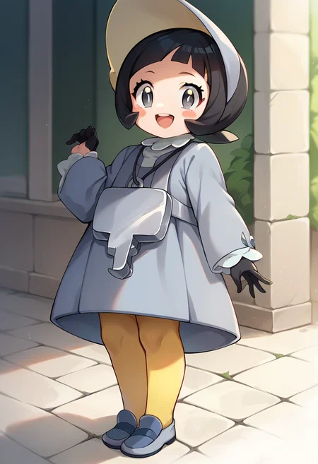 score_9, score_8_up, score_7_up, source_anime, masterpiece, 1girl, ctianpoppy, grey dress, long sleeves, grey eyes, bonnet, yellow pantyhose, necklace, black gloves, blush stickers, looking at viewer, grey shoes, outdoors, open mouth, smile, <lora:r_Poppy ãã_pokemon_pony_ct:0.8>