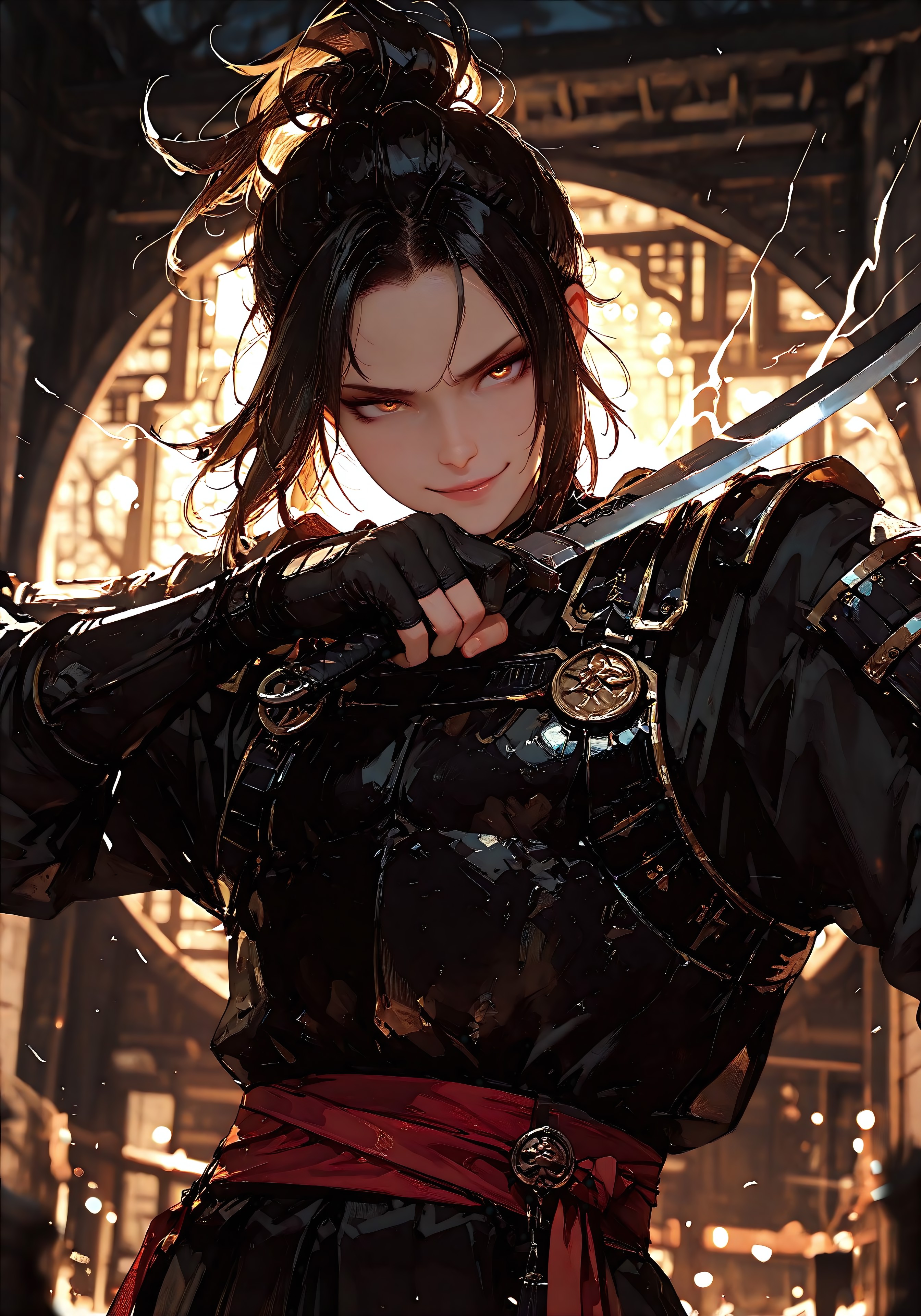 masterpiece, best quality, absurdres, 8K, high detail, cinematic lighting, stylized, visual storytelling, dynamic composition, depth of field, bokeh, backlighting, volumetric light, vivid colors, symbolic environment, god-tier illustration, sketch style (1.3), cksc style, focused subject

Chinese mythology, Black Myth Wukong-inspired, Wukong hairstyle, mythic hero, intense action scene, dynamic pose (1.3), fighting stance, high-speed motion blur, storm aura, divine energy, long flowing sash, ancient armor, windblown hair, glowing zone-eyes, eye trails, upper body focus, 

curved black knife, medium-length, intricate carvings on the blade, detailed hand grip, dramatic grip pose, dungeon environment, mythic scale, storytelling scene, cinematic shot, different fighting stances, smirking smile, chinese old building background