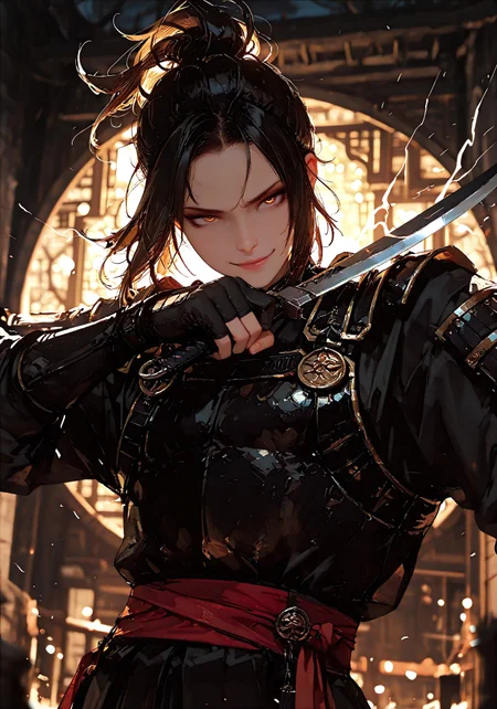 masterpiece, best quality, absurdres, 8K, high detail, cinematic lighting, stylized, visual storytelling, dynamic composition, depth of field, bokeh, backlighting, volumetric light, vivid colors, symbolic environment, god-tier illustration, sketch style (1.3), cksc style, focused subject

Chinese mythology, Black Myth Wukong-inspired, Wukong hairstyle, mythic hero, intense action scene, dynamic pose (1.3), fighting stance, high-speed motion blur, storm aura, divine energy, long flowing sash, ancient armor, windblown hair, glowing zone-eyes, eye trails, upper body focus, 

curved black knife, medium-length, intricate carvings on the blade, detailed hand grip, dramatic grip pose, dungeon environment, mythic scale, storytelling scene, cinematic shot, different fighting stances, smirking smile, chinese old building background