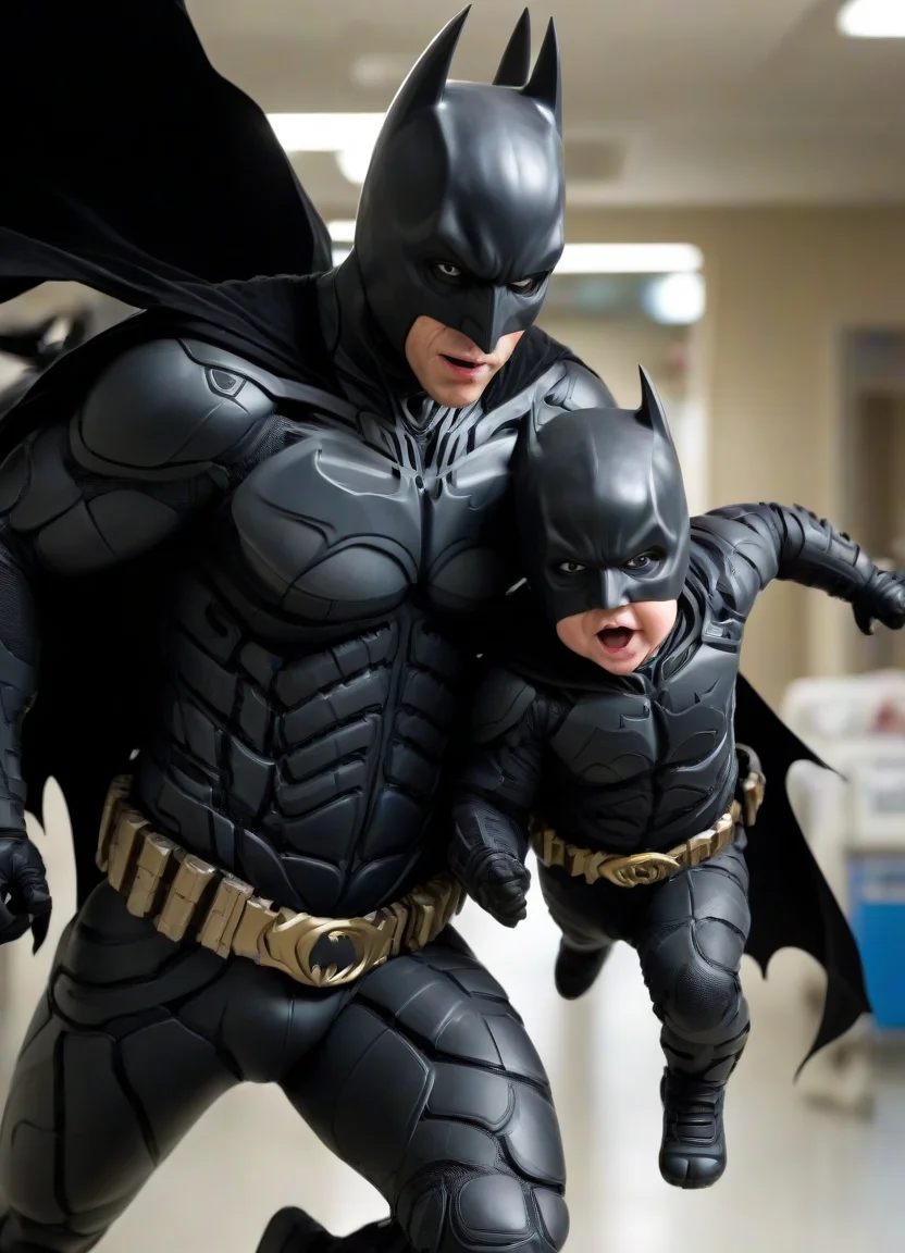 <lora:PE_Batman_DarkKnight:0.7> PEBatman,
Batman running, ((holding baby in arms, holding baby)),
motion blur, speed lines,
inside hospital,
masterpiece, high resolution, octance 4k, high detail,
