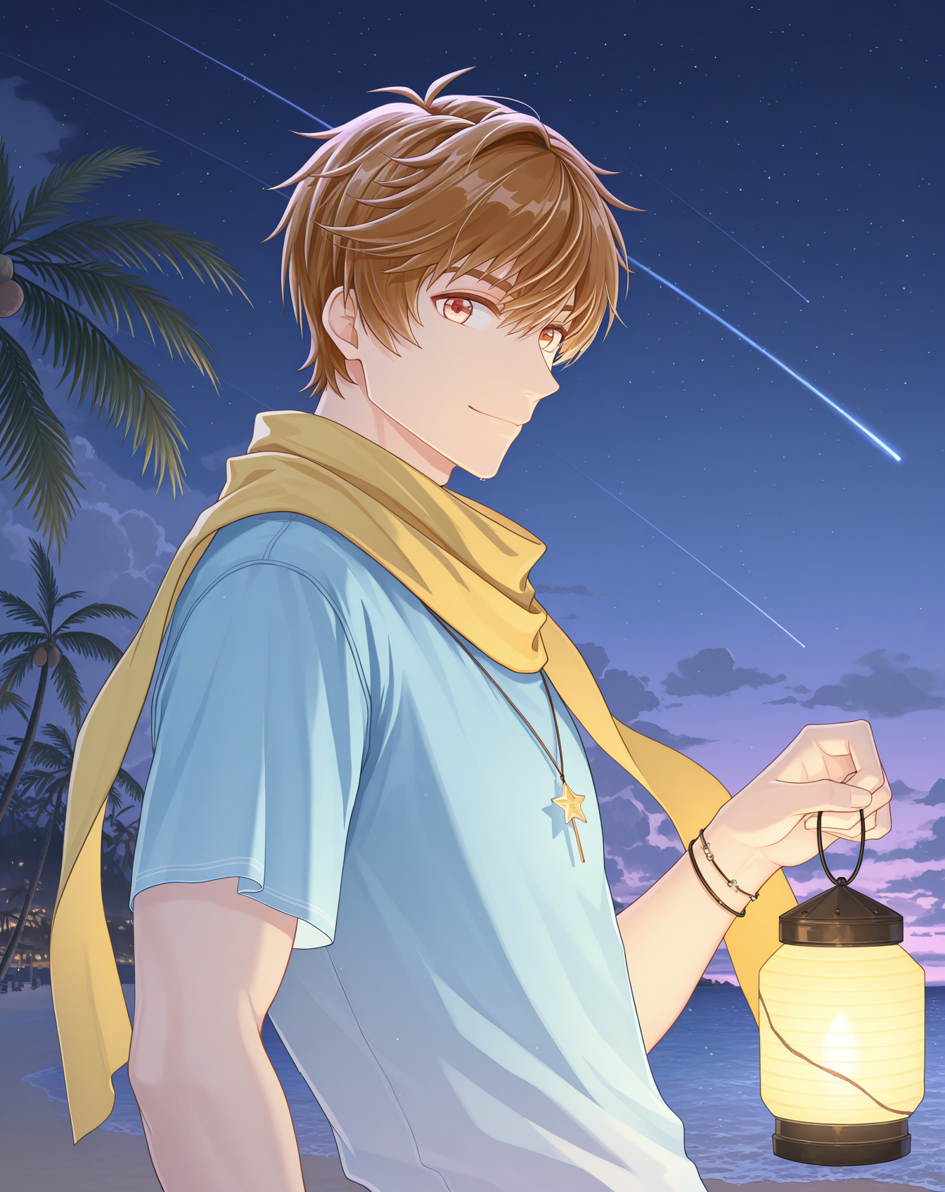 masterpiece, best quality, absurdres, very aesthetic, original style, 
1boy, solo, yaoi, male focus,looking at viewer,
<lora:Luke_Pearce_ilxl:1> lukepearce, brown hair, short hair, hazel eyes,
night sky, palm tree, star (sky), holding lantern, starry sky, white shirt, smile, jewelry, outdoors, closed mouth, short sleeves, shooting star, cloud, bracelet, coconut tree, necklace, water, yellow scarf, blue shirt, cloudy sky, from side, ocean, beach