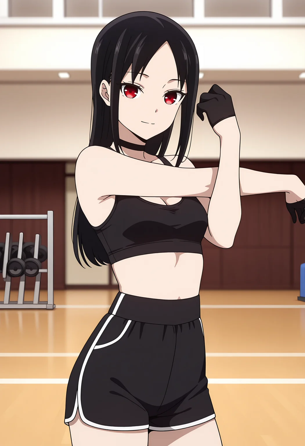 anime screencap, masterpiece, best quality,
<lora:Kaguya-samaWaKokurasetai_ShinomiyaKaguya_IlluXL:0.9>,
1girl, solo, light smile,
straight hair, parted bangs, black hair, red eyes, no pupils,
black choker, black sports bra, cleavage, small breasts, half gloves, black gloves, high-waist shorts, short shorts, black shorts,
stretching, looking at viewer, cowboy shot,
gym, photo background, blurry background