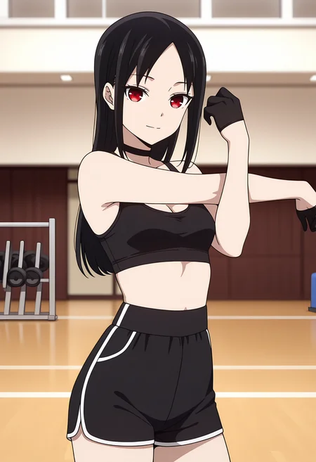 anime screencap, masterpiece, best quality,
<lora:Kaguya-samaWaKokurasetai_ShinomiyaKaguya_IlluXL:0.9>,
1girl, solo, light smile,
straight hair, parted bangs, black hair, red eyes, no pupils,
black choker, black sports bra, cleavage, small breasts, half gloves, black gloves, high-waist shorts, short shorts, black shorts,
stretching, looking at viewer, cowboy shot,
gym, photo background, blurry background