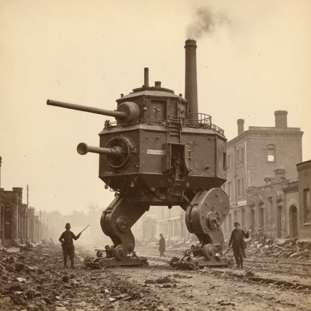 An aged worn sepia monochrome 1800s photograph of a steam powered mecha, turret with large canon, armless, no arms, walking robot, smokestacks up top, thick black smoke, walking through a war-damaged city, Civil War era soldiers with rifles scouting