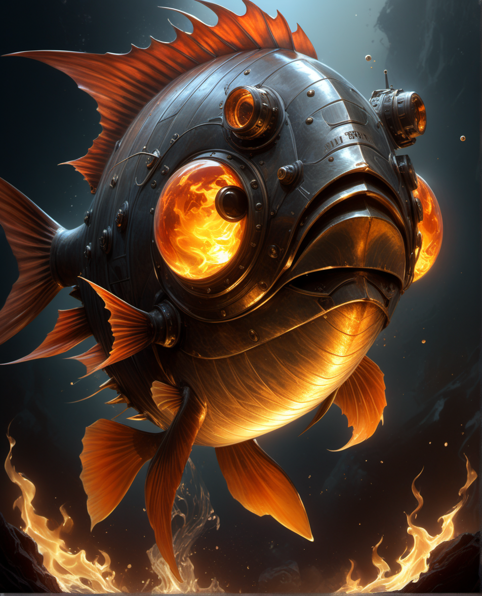 armored Drum Fish,art by Bastien Lecouffe Deharme,raymond swanlandd, aleksi briclot,joji shinkawa, realistic, <lora:InfernalXL:0.35> infrnal, flaming, epic, trending, awardwinning,, 8k uhd,absurd res,ultra detailed,masterpiece,awardwinning,sharp focus,intricate detail,50mm lens