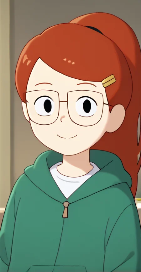 score_9, Tulip_Olsen, 1girl, solo, ponytail, red hair, hair ornament, hairclip, glasses, black eyes, white shirt, masterpiece, best quality, looking at viewer, green hoodie, smile, <lora:Tulip_Olsen:1>  <lora:naip33:1>