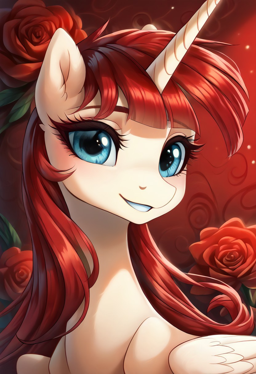 masterpiece, score_9, score_8_up, score_7_up, score_6_up, (best quality:1.1), ultra-detailed, high resolution, (solo), (1GIRLS), (LAUREN FAUST), (ALICORN), pony, feral, horn, portrait, (beautiful detailed blue eyes), (long straight red hair), (bangs), Long eyelashes, (shy smile), ((red floral background)), (red butterflies), (red roses all around her), high quality, sharp, the quality of ai art is frightening, highly detailed, Highly Visible, sharp focus, perfect lighting, anatomically correct, extremely detailed, shine on body, high detail, cute, Expressiveh, detailed background, OverallDetail, zPDXL2,