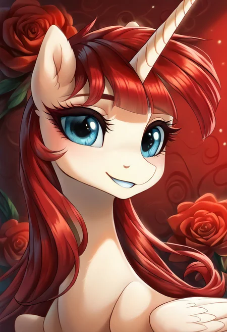 masterpiece, score_9, score_8_up, score_7_up, score_6_up, (best quality:1.1), ultra-detailed, high resolution, (solo), (1GIRLS), (LAUREN FAUST), (ALICORN), pony, feral, horn, portrait, (beautiful detailed blue eyes), (long straight red hair), (bangs), Long eyelashes, (shy smile), ((red floral background)), (red butterflies), (red roses all around her), high quality, sharp, the quality of ai art is frightening, highly detailed, Highly Visible, sharp focus, perfect lighting, anatomically correct, extremely detailed, shine on body, high detail, cute, Expressiveh, detailed background, OverallDetail, zPDXL2,