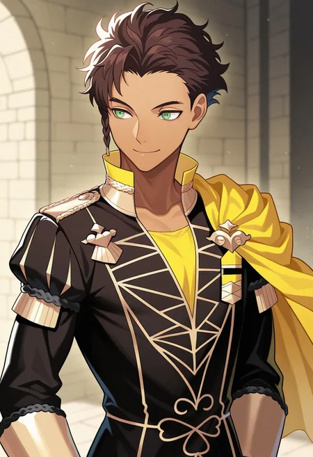masterpiece,best quality,amazing quality, source_anime,
ClaudeVonRiegan, 1boy, male focus, solo, green eyes, brown hair, dark-skinned male, side braid, garreg mach monastery uniform, shirt, yellow shirt, coat, black coat, high collar, epaulettes, side cape, yellow cape, smile,