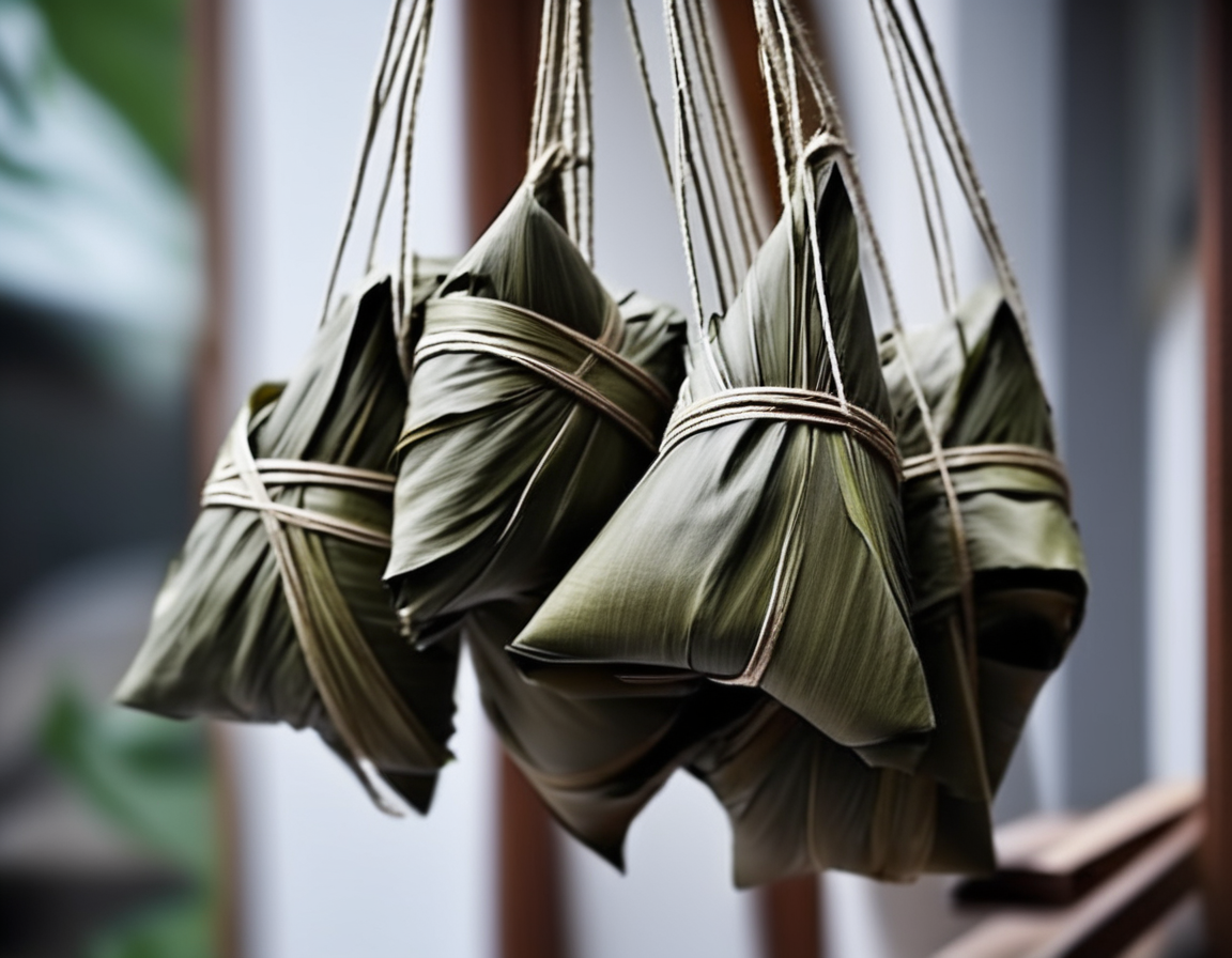 A Chinese-style mazon (zongzi), wrapped and hung, possibly with bamboo leaves or other traditional materials. The wrapping is neat and secure, and the hanging arrangement adds a touch of authenticity, often seen in traditional preparation or display. The setting could be a kitchen, market stall, or cultural festival, with related elements that enhance the cultural context. The scene should be as realistic as a high-resolution photograph, with natural and inviting lighting that highlights the details of the mazon and the texture of the wrapping.<lora:mazon:0.65> ,rope