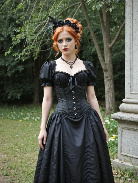 score_9, score_8_up, score_7_up, BREAK,
Victorian Gothic Romance, gothic, victorian, 1890 cloth, Gothic Romance 1890s, corset, solo, blue eyes, hair ornament, dress, jewelry, Goth girl, flower, red hair, earrings, hair flower, necklace, orange hair, tree, makeup, feathers, nature, outdoors, Gothic girl