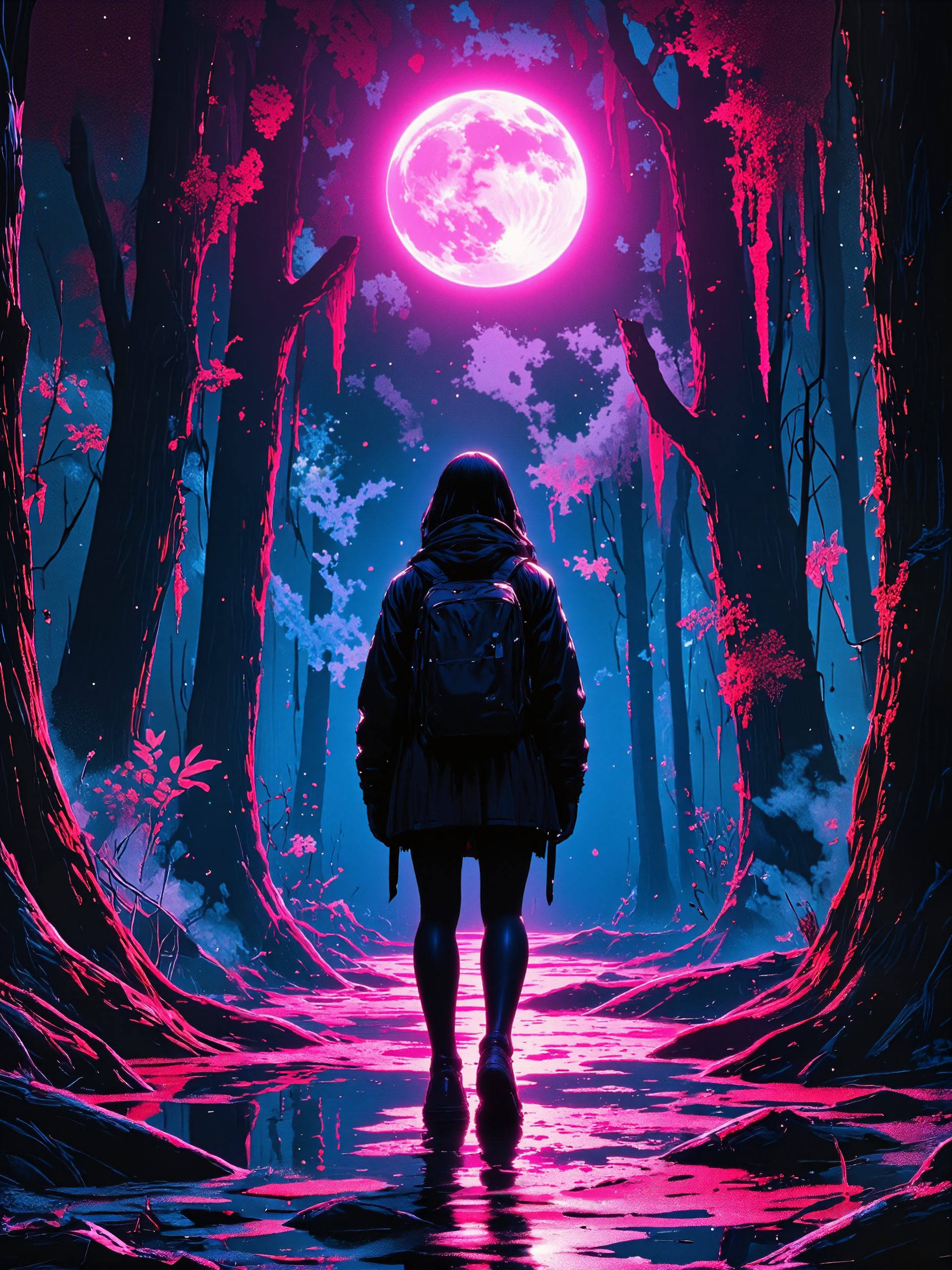 famous artwork, digital painting, hyper-realistic, high resolution, uhd, 8k, 4k, rim lighting, dramatic composition, highly aesthetic, vibrant, neon hues, let me tell you a story to chill the bones, out of things that i saw, one night wandering in the everglades, i'd one drink but no more, i was rambling, enjoying the bright moonlight, gazing up at the stars, not aware of a presence so near to me, watching my every move, feeling scared and i fell to my knees, as something rushed me from the trees, took me to an unholy place, and that is where i fell from grace, and they summoned me over to join in with them, to the dance of the dead, into the circle of fire, i followed them, into the middle, i was led, detailed moon, silhouette of a solo woman with black hair, wearing a backpack, wandering a narrow trail through towering trees in the boglands of the everglades, ominous atmosphere, foreboding doom, horror, thriller, cinematic, black, purple, blue, wine red, dramatic sky, muddy, puddles, water, accurate reflections, cold light, eldritch vapors, dark magic, dark corners, veiled truth, lovecraftian, cthulhu mythos, digital illustration, style of alena aenami, aidmamj6.1, <lora:style-alena_aenami-flux-by_tangbohu:0.84> <lora:image_enhancer-flux-by_dever:0.68> <lora:midjourney_61-v0.5-flux-by_aidma:0.68>