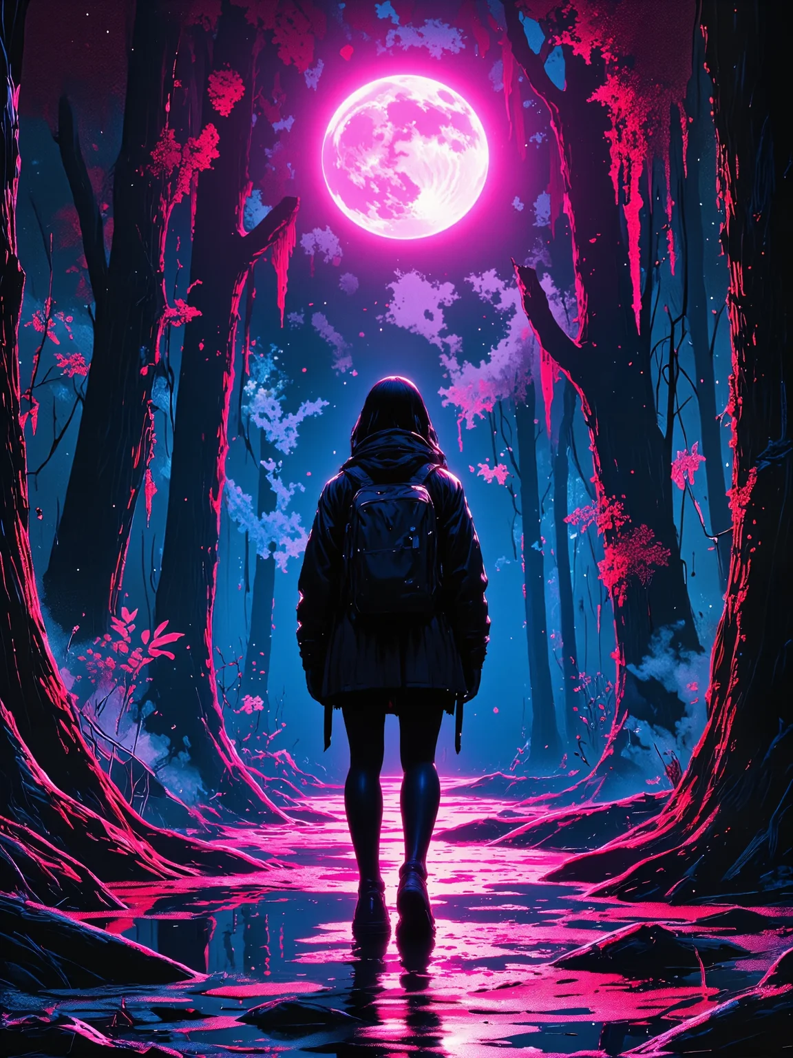 famous artwork, digital painting, hyper-realistic, high resolution, uhd, 8k, 4k, rim lighting, dramatic composition, highly aesthetic, vibrant, neon hues, let me tell you a story to chill the bones, out of things that i saw, one night wandering in the everglades, i'd one drink but no more, i was rambling, enjoying the bright moonlight, gazing up at the stars, not aware of a presence so near to me, watching my every move, feeling scared and i fell to my knees, as something rushed me from the trees, took me to an unholy place, and that is where i fell from grace, and they summoned me over to join in with them, to the dance of the dead, into the circle of fire, i followed them, into the middle, i was led, detailed moon, silhouette of a solo woman with black hair, wearing a backpack, wandering a narrow trail through towering trees in the boglands of the everglades, ominous atmosphere, foreboding doom, horror, thriller, cinematic, black, purple, blue, wine red, dramatic sky, muddy, puddles, water, accurate reflections, cold light, eldritch vapors, dark magic, dark corners, veiled truth, lovecraftian, cthulhu mythos, digital illustration, style of alena aenami, aidmamj6.1, <lora:style-alena_aenami-flux-by_tangbohu:0.84> <lora:image_enhancer-flux-by_dever:0.68> <lora:midjourney_61-v0.5-flux-by_aidma:0.68>
