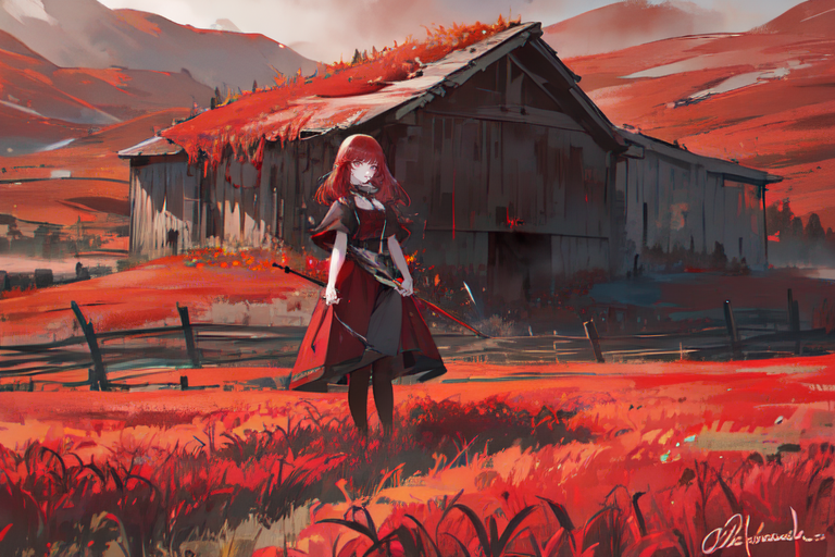 (otherworldly), highly insanely detailed, masterpiece, top quality, best quality, highres, 4k, 8k, RAW photo, (very aesthetic, beautiful and aesthetic), farm, fields, barn, fence, fantfa, <lora:FantasyFarm-10:0.7>, 
1girl, 
(crimson red hair,warm maroon hair ), 
(dark grey background),âââ