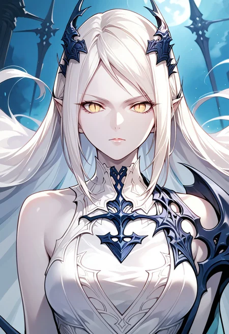 score_9,score_8_up,score_7_up,source_anime,Shiva,1girl,solo,long hair,breasts,looking at viewer,yellow eyes,upper body,white hair,slit pupils,pale skin,