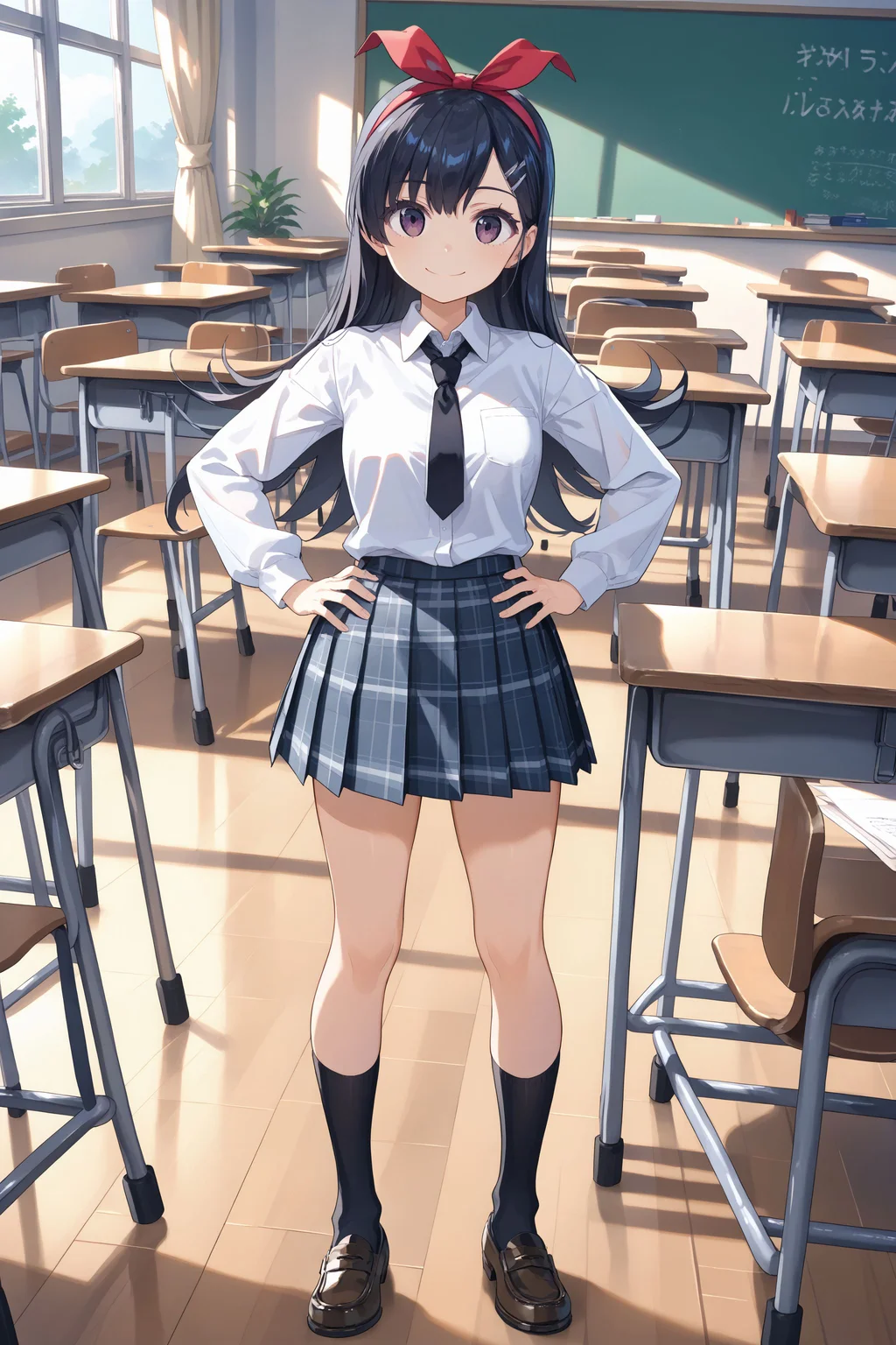 score_max, (score_9, score_8_up, score_7_up:1.2), score_6_up, official art, source_anime,
masterpiece, absurdres, high detail,
classroom, desk, chair, wooden floor,
standing, apart legs, toes up, leaning to the side, hands on hips, smile,
ira, hcasual, bow hairband, red bow, white shirt, collared shirt, long sleeves, black necktie, plaid skirt, pleated skirt, black socks, loafers
<lora:XL_Pony_MGCM-ira(mei)-t1:1>