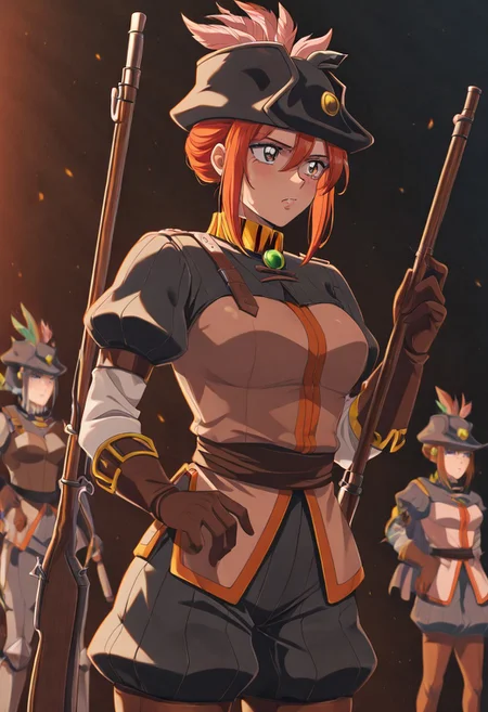 masterpiece, best quality, newest, absurdres, highres, vintage anime, 90s anime, solo, solo focus,
1girl, DDMusV1.0, hat, rifle, holding weapon, hat, feather, tricorne, gloves, leather, leather armor,