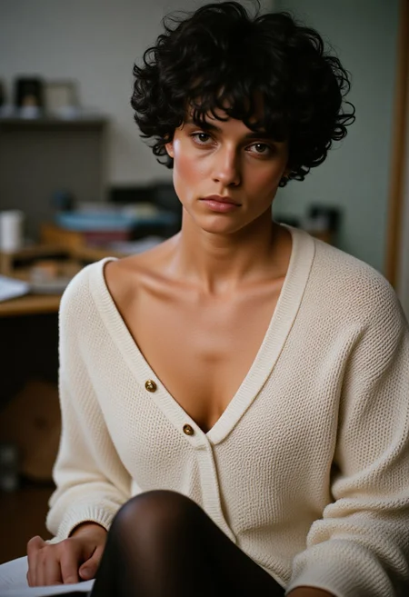 award winning photo, instgram influencer photo. real life photo. photography, turkish woman , young, messy short brunette hair, goddess of office, seductive, full length long white knit sweater that goes down to knees, bare shoulders , cleavage, sitting, black nylon thigh highs, latina body, tanned skin, curvy body, blush, seductive image,serene, untouched beauty, clear, lively, detailed face, upper body accent, seductive lips and makeup , green eyes, seductive look, realistic, background of a fantasy office room ,sfw