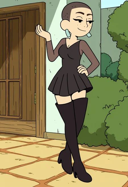 masterpiece, best quality, absurdes, 1girl, solo, rating_explicit, full body,
source_cartoon,
<lora:Kat (Craig of the Creek) (Illust):0.8> Kat_CotC, black eyes, freckles, very short hair, smile, black eyes,
beautiful, cute, black dress, minidress, pleated skirt, thigh high boots, high heels, outdoors, smug, mature female, medium breasts,
<lora:Detailer_NoobAI_Incrs_v1:0.4> detailed,