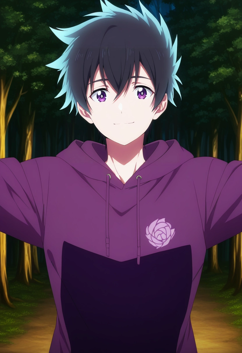 masterpiece, best quality, intricate details, anime screencap, anime coloring, official style, looking at viewer, 1boy, solo, male focus, <lora:ryuunosuke_minakata_ilxl:0.92>, ryuunosuke_minakata, black hair, purple eyes, short hair, bangs, hair between eyes, upper body, forest, dark, outstretched arms, smile, Cotton Striated Jumpsuit, Embroidered Olive Zip-up hoodie, , ,