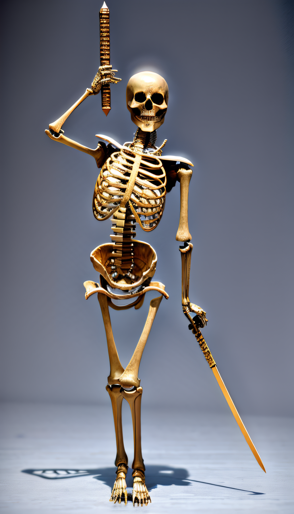 in the bedrrom (Realistic:1.5) woman skeleton standing, holding up a sword in right hand  <lora:EdobSkeletonFemale_v1.0:1>