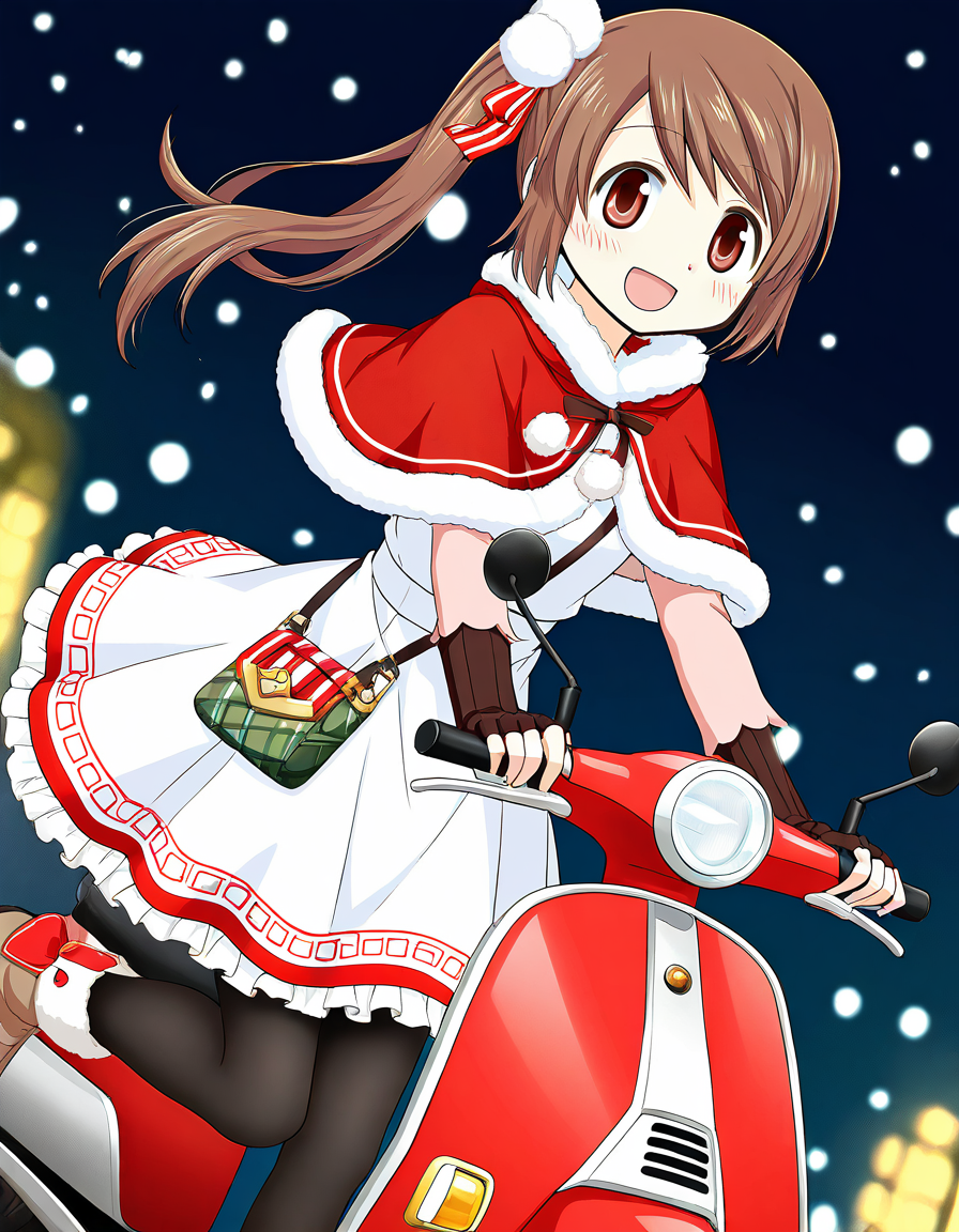 masterpiece, best quality, newest, absurdres, highres, safe, 1girl, yui tsuruno \(delivery ver.\), magia record: mahou shoujo madoka magica gaiden, red capelet, white dress, pink three-quarter sleeves, pantyhose, brown fingerless gloves, solo, open mouth, snowing, scooter, outdoors, dutch angle, <lora:yui_tsuruno_noobaiXLNAIXL_vPred10Version:0.7>