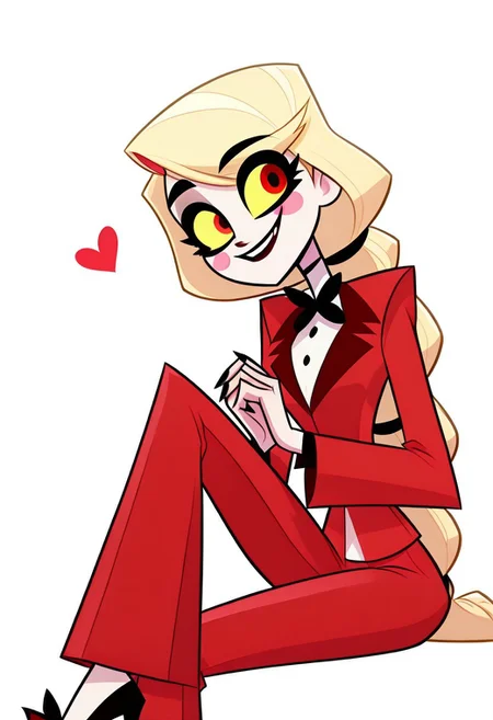 masterpiece, best quality, 1girl, solo, eyelashes, (beautiful eyes),    
xcharliex, blonde hair, very long hair, red eyes, yellow sclera, multi-tied hair, fangs, blush stickers, red suit, bowtie, collared shirt, pants, 
smile, looking at viewer, head tilt, heart, 
C0utur3Cr4z3, 1girl, solo, skirt, simple background, white background, bow, standing, nail polish, high heels, own hands together, black nails, footwear bow, sitting, knee up,