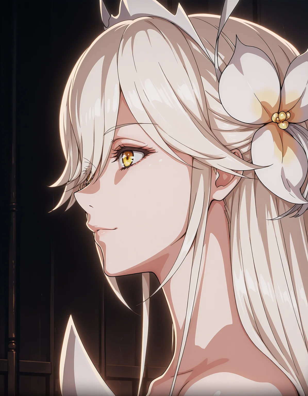 goddess_vicius, 1girl, solo, (pink hair ornament), white hair, side view, angled view, hair over one eye, <lora:goddess_vicius_ill_v1.10.2:1>, dark background