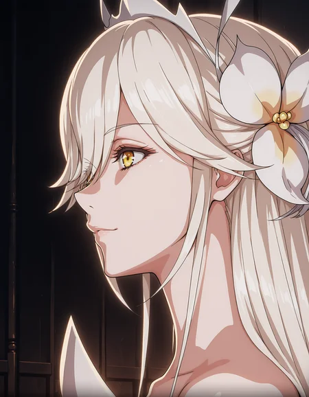 goddess_vicius, 1girl, solo, (pink hair ornament), white hair, side view, angled view, hair over one eye, <lora:goddess_vicius_ill_v1.10.2:1>, dark background