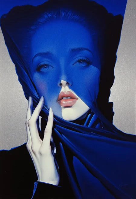 A (highly detailed digital painting) presents a (mesmerizing close-up) of a (woman’s face), enveloped in a striking (deep blue and silver) palette, where a (cool blue light) casts dramatic, surreal shadows on her (fair skin). Her (sharp, well-defined features) exude (serenity), her (eyes closed, lips slightly parted). A sheer (midnight blue fabric) elegantly drapes over her (eyes and forehead), heightening the sense of (mystery). Her (sleek, pulled-back platinum hair) enhances the (minimalistic aesthetic), emphasizing her (natural beauty). One (perfectly detailed hand) is raised, fingers gently resting against her chin in a (delicate, expressive pose), the (hyper-detailed realism) capturing the (fine texture of her skin, subtle creases, and soft lighting reflections). The fabric’s (smooth, translucent texture) subtly interacts with the light, accentuating the (interplay of shadow and glow). The background is a (soft gradient of icy silver and blue), creating a (mesmerizing contrast) with the (dark fabric and her illuminated skin). The composition blends (aesthetic_pos3, dynamic_pos3), emphasizing (elegance and depth) in a (Colored pencil hyperdetailed realism) style, influenced by (By Donna Young, ArsMJStyle). The overall mood is one of (introspection, artistic elegance, and mastery of light and shadow). (silhouette, aidmamj6.1, lorenastyle, retro futuristic clothing style, 8K, HD, HIGH RESOLUTION, MASTERPIECE, AWARD WINNING.)