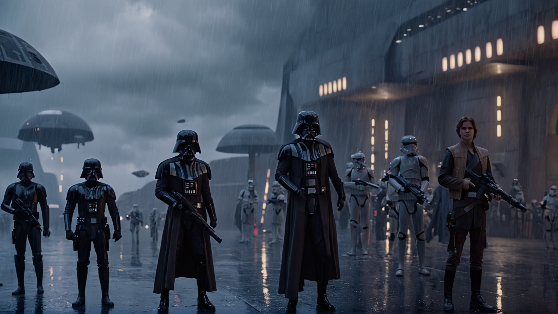 cinematic film still of <lora:detailed:0.4> detailed
<lora:perfection style:0.4> perfect
<lora:PerfectEyesXL:0.5>
 <lora:Coruscant:0.9>
Coruscant a group of star wars characters standing in the rain,in star wars style,gloves,holding,weapon,multiple boys,cloud,holding weapon,armor,gun,helmet,holding gun,web address,rifle,rain,6+boys,realistic,electricity,assault rifle,lightning, shallow depth of field, vignette, highly detailed, high budget, bokeh, cinemascope, moody, epic, gorgeous, film grain, grainy