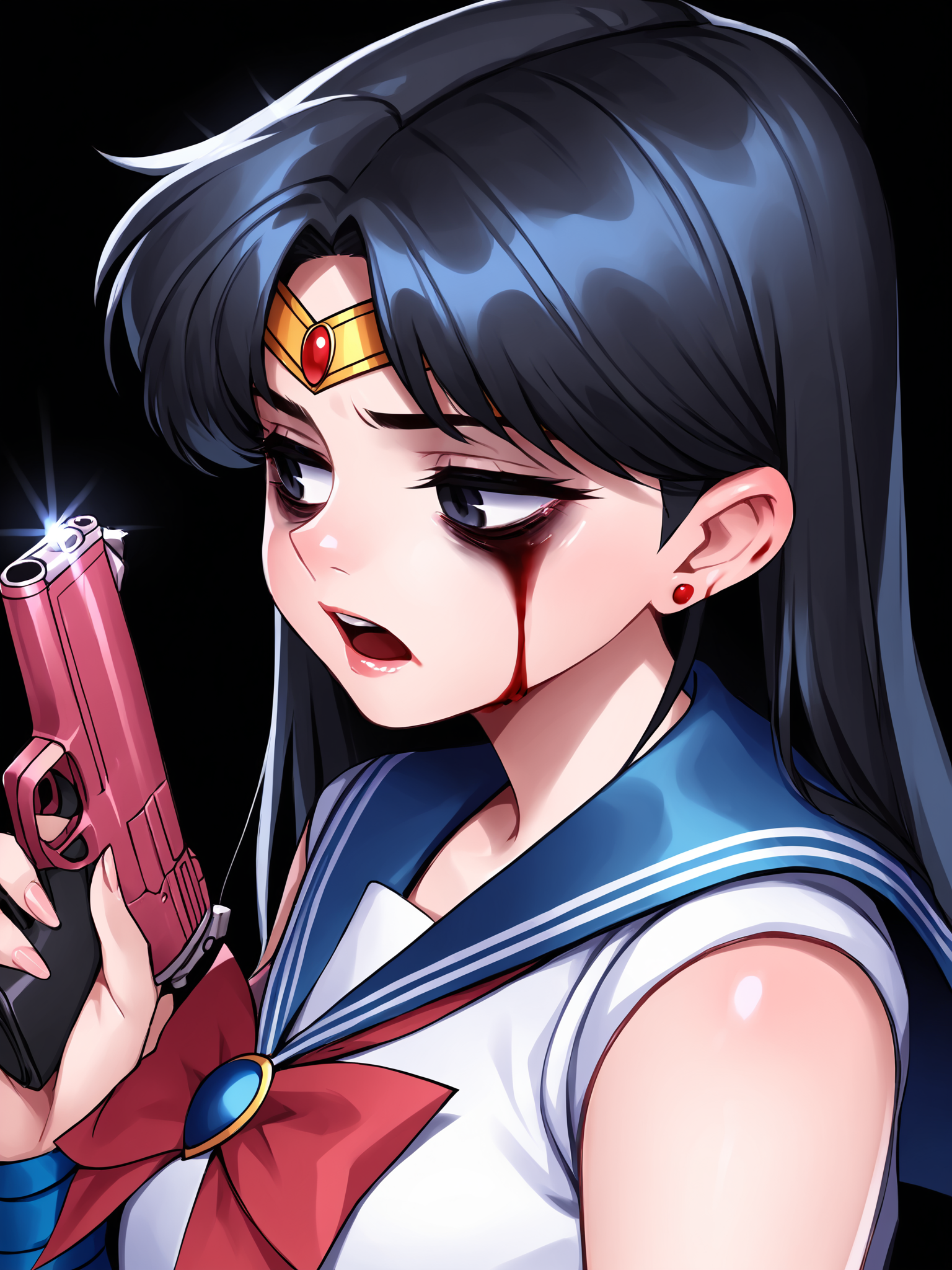 score_9, score_8_up, score_7_up, score_6_up, score_5_up, score_4_up, rating_safe
BREAK
sailor mars, circlet, black hair, black eyes, looking away, tired, half-closed eyes, bags under eyes, sigh, open mouth, looking down, blood on face, blood splatter,
BREAK
solo, portrait, magical girl, red serafuku, from side, holding gun, handgun, blood on weapon,
BREAK
black background, <lora:Lunas-Naidong-SDXL-B2:1>