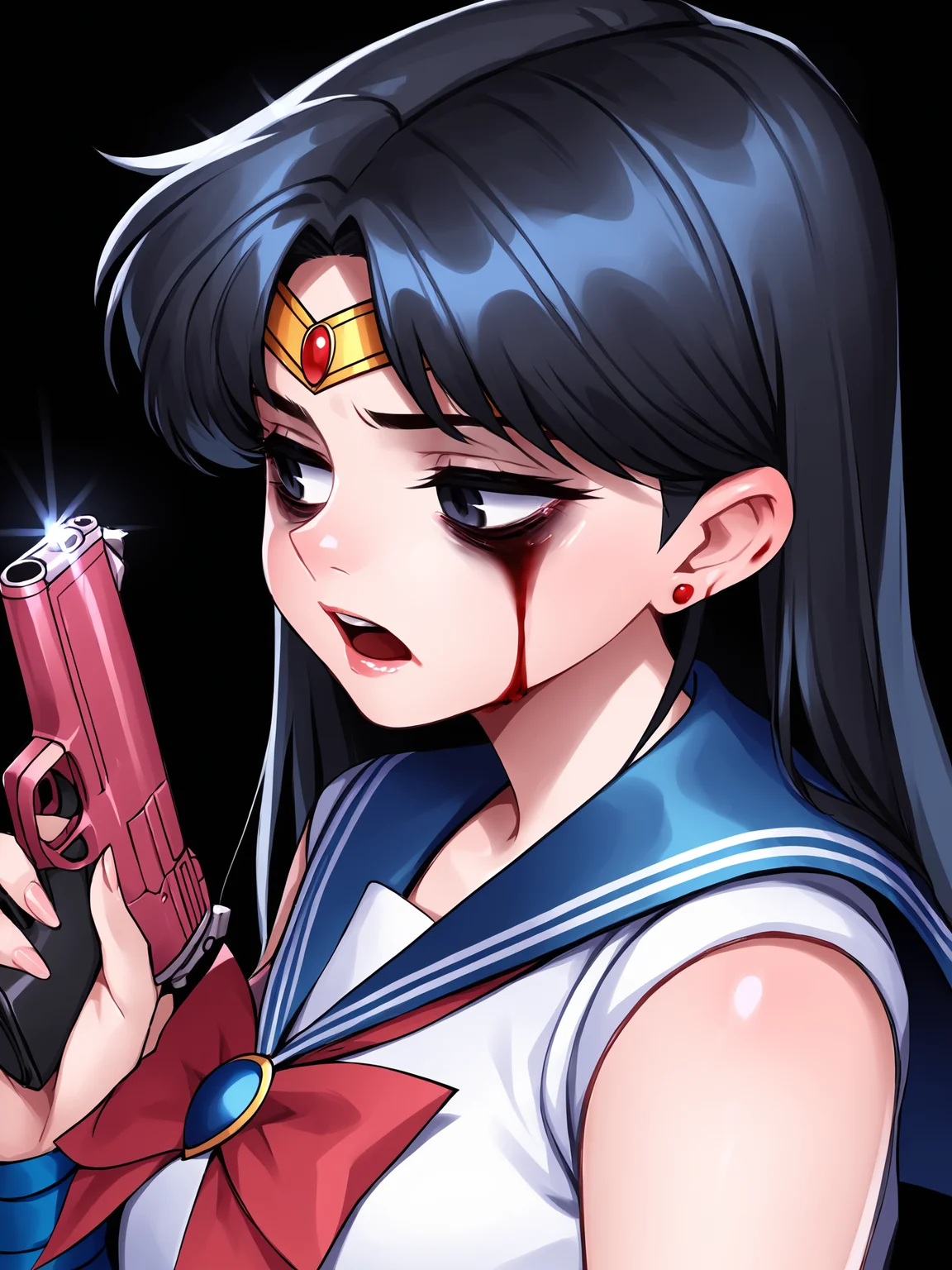 score_9, score_8_up, score_7_up, score_6_up, score_5_up, score_4_up, rating_safe
BREAK
sailor mars, circlet, black hair, black eyes, looking away, tired, half-closed eyes, bags under eyes, sigh, open mouth, looking down, blood on face, blood splatter,
BREAK
solo, portrait, magical girl, red serafuku, from side, holding gun, handgun, blood on weapon,
BREAK
black background, <lora:Lunas-Naidong-SDXL-B2:1>