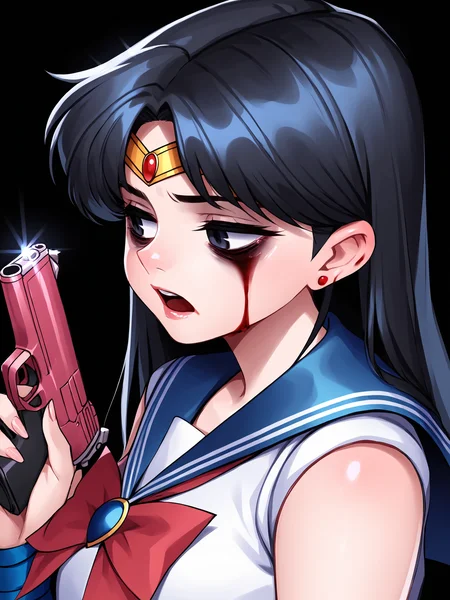 score_9, score_8_up, score_7_up, score_6_up, score_5_up, score_4_up, rating_safe
BREAK
sailor mars, circlet, black hair, black eyes, looking away, tired, half-closed eyes, bags under eyes, sigh, open mouth, looking down, blood on face, blood splatter,
BREAK
solo, portrait, magical girl, red serafuku, from side, holding gun, handgun, blood on weapon,
BREAK
black background, <lora:Lunas-Naidong-SDXL-B2:1>