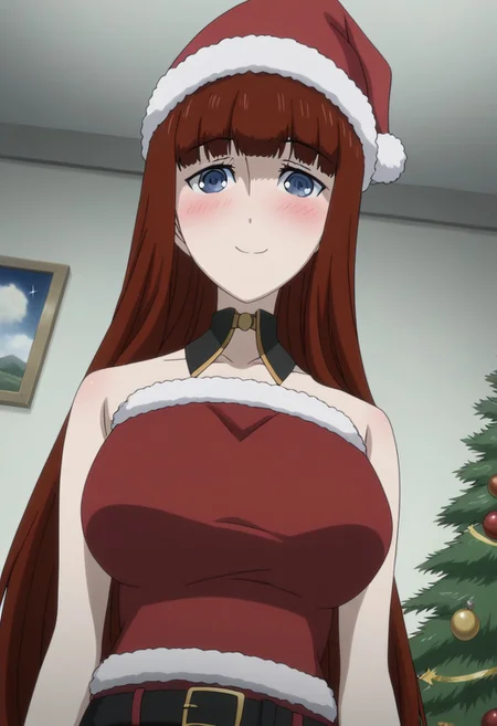 rating_safe, Ultra-high-detailed Anime illustration of Kagari Shiina from Anime Steins;Gate 0. The artwork features Kagari in a solo, face focus, upper body, standing position with a intdoors, indoors, living room with Christmas atmosphere. Gorgeous Christmas tree in background. Night Time..
She is depicted with intricate details showcasing her large breasts, natural_breasts. She is a white skinned, 22 years old woman. Kagari is looking_at_viewer with perfect_eyes, Her pupils are highly detailed. The eyes are open. blue eyes. Kagari's eyes are highlighted. Highlighted eyevrows.
She has long hair, red colored hair, styled in blunt bangs and floating hair.
She is wearing a black choker and a Santa dress, strapless crop top, sleevless crop top with bare shoulders.
She is wearing a Santa Hat and red skirt, red pencil skirt with black belt.
The artistic style is intricate_details_xl with a focus on Anime art. The color palette emphasizes red and black with detailed strokes to bring out the character's features. The lighting creates dramatic shadows and highlights, adding depth to the artwork. The perspective is from a face focus, dutch angle to enhance the impact of the character's expression. This masterpiece is a true portrayal of Kagari's complex personality and will captivate any fan of Kagari. uncensored, upper body, blushing, smile, Kagari Shiina, perfecteyes
<lora:Steins_Gate:1>