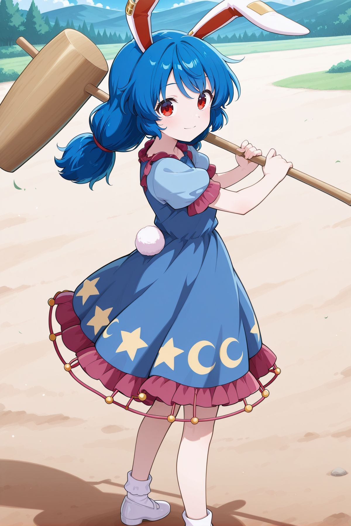 absurdres, highres, masterpiece, best quality, amazing quality, official anime artwork, screencap, anime screencap, outdoors, looking at viewer, light smile, dynamic pose, standing,
<lora:Seiran_Illustrious:1> seiran, 1girl, solo, red eyes, blue hair, long hair, low twintails, rabbit ears, rabbit tail,, earclip, blue dress, short sleeves, crescent print, star print, white socks, white footwear, holding mallet,