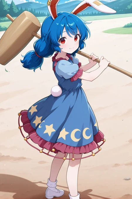 absurdres, highres, masterpiece, best quality, amazing quality, official anime artwork, screencap, anime screencap, outdoors, looking at viewer, light smile, dynamic pose, standing,
<lora:Seiran_Illustrious:1> seiran, 1girl, solo, red eyes, blue hair, long hair, low twintails, rabbit ears, rabbit tail,, earclip, blue dress, short sleeves, crescent print, star print, white socks, white footwear, holding mallet,