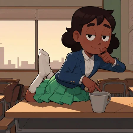 score_9, score_8_up, score_7_up, score_6_up, score_5_up, score_4_up, BREAK, source_anime, connie_maheswaran, indoors, smile, sitting, feet on desk, school uniform, feet up, blue blazer, white shirt, green skirt, white socks, brown shoes finger on chin, sitting at desk, feet on desk