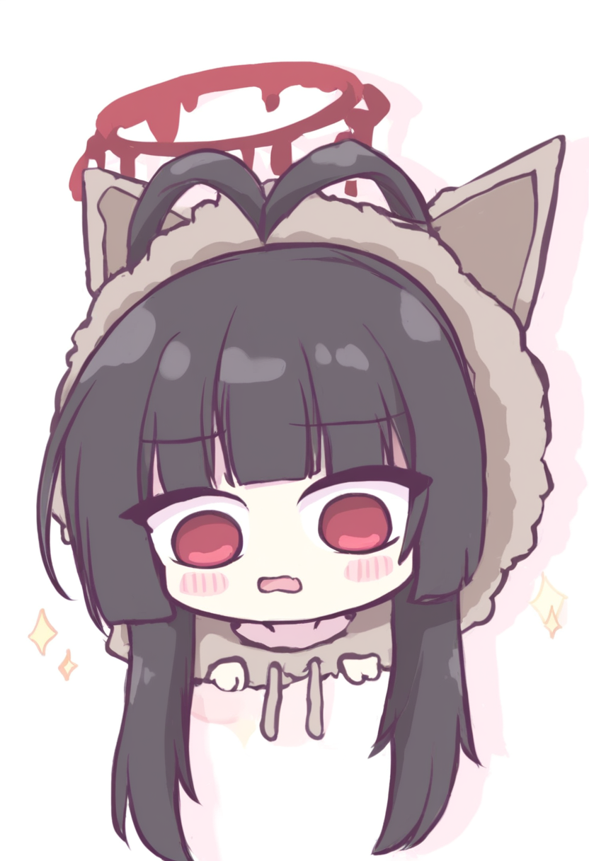 blue archive, tsurugi \(blue archive\), 1girl, animal hood, antenna hair, black hair, blunt bangs, blush, fur-trimmed hoodie, fur trim, halo, hood, hoodie, looking down, portrait, red eyes, sidelocks, solo, white background, masterpiece, best quality, good quality, small breasts, big head, short limbs, cute, big eyes, small mouth, round face, short stature, tiny hands, tiny feet, cute outfit, oversized head, sparkles, blush stickers, simple shading, pastel colors, chibi