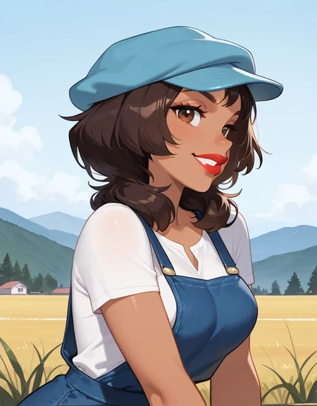 masterpiece, best quality, amazing quality, very aesthetic, absurdres, newest, detailed background, 4k, 8k, outdoors, beautiful eyes, hyperdetailed,sitting, profile
audreyxd, 1girl, solo, red lips, lipstick, dark-skinned female, medium hair, hat, lips, brown eyes, shirt, short sleeves, overall, cowboy shot, medium breasts, looking at viewer, grin, blushed,
<lora:Audrey_Ramirez_-_Disney_Illustrious:1>