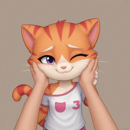 SuperKitties, Anthropomorphic body, Ginny, mammal, furry, orange tabby munchkin, \(artwork\), 2023, solid color background, human hands, shaded, portrait, fur, female, biped, short stack, purple eyes, red stripes, cat tail, ears down, brown thin eyebrows, one eye opened, light pink solid color shirt, oversized shirt, one shoulder off, magenta dolphin shorts, looking at the viewer, one eyelash, POV hands on cheeks, hand holding, smiling, sad, mouth closed, no hair only fur, shading, oval-shaped head, white whiskers, white vanilla colored hands and feet (paws) close up