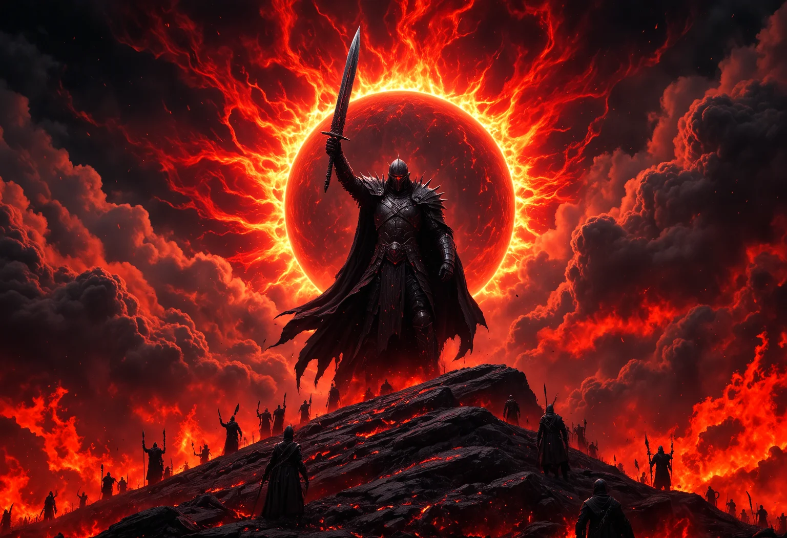 aidmaHyperrealism, aidmafluxpro1.1, aidmaimageupgrader, perfect hands
A colossal black-armored warlord stands atop a mountain of fallen warriors, his massive flaming sword raised high as a blood-red eclipse looms behind him. His obsidian armor is adorned with intricate ancient runes, glowing faintly with a dark energy, his face hidden beneath a battle-worn, spiked helmet. Torn banners of fallen kingdoms whip violently in the stormy winds around him.
The sky is a chaotic inferno—thick black clouds twisting, lightning crackling, and war horns echoing through the void. Behind the warlord, a ghostly, apocalyptic army rises from the mist, their spectral eyes burning like embers, chanting in unison.
The foreground is drenched in the warm glow of battlefield fires, casting flickering shadows over blood-soaked ground. Ethereal embers drift through the air, blending into the neon-hued glow of the distant battlefield. The entire scene pulses with **raw power, aggression, and impending destruction**, mirroring the unstoppable energy of the song.
Cinematic album cover, dark fantasy, hyper-realistic, apocalyptic, heavy contrast, dramatic lighting, ultra-detailed textures, deep red and black color scheme, intense visual impact, 8K resolution.