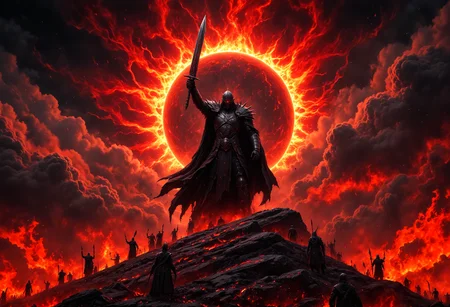 aidmaHyperrealism, aidmafluxpro1.1, aidmaimageupgrader, perfect hands
A colossal black-armored warlord stands atop a mountain of fallen warriors, his massive flaming sword raised high as a blood-red eclipse looms behind him. His obsidian armor is adorned with intricate ancient runes, glowing faintly with a dark energy, his face hidden beneath a battle-worn, spiked helmet. Torn banners of fallen kingdoms whip violently in the stormy winds around him.
The sky is a chaotic inferno—thick black clouds twisting, lightning crackling, and war horns echoing through the void. Behind the warlord, a ghostly, apocalyptic army rises from the mist, their spectral eyes burning like embers, chanting in unison.
The foreground is drenched in the warm glow of battlefield fires, casting flickering shadows over blood-soaked ground. Ethereal embers drift through the air, blending into the neon-hued glow of the distant battlefield. The entire scene pulses with **raw power, aggression, and impending destruction**, mirroring the unstoppable energy of the song.
Cinematic album cover, dark fantasy, hyper-realistic, apocalyptic, heavy contrast, dramatic lighting, ultra-detailed textures, deep red and black color scheme, intense visual impact, 8K resolution.