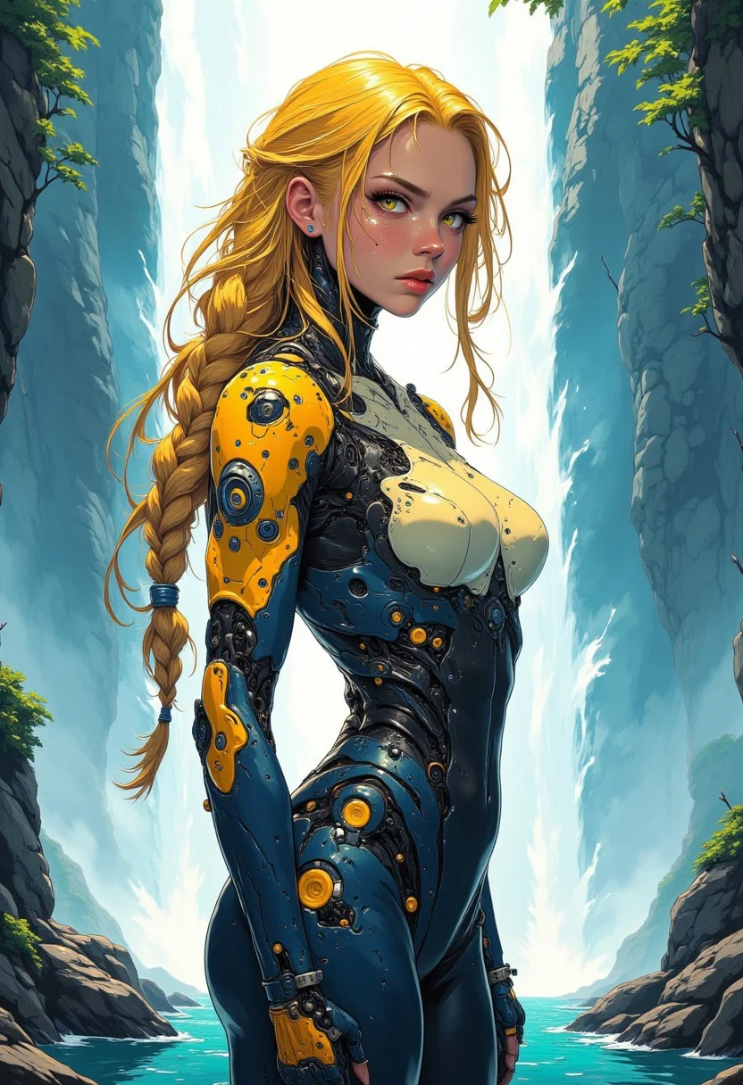 A stunning, curvaceous beauty stands majestically in front of a serene waterfall, her luscious locks styled in an exquisite waterfall braid that cascades down her back like a golden veil. The soft, ambient lighting accentuates the delicate features of her face and the contours of her toned physique, while vibrant colors and intricate details bring the scenery to life.
anime_martz, anime_source, DB4RZ, DB4RZ style painting, anime, cyberpunk
