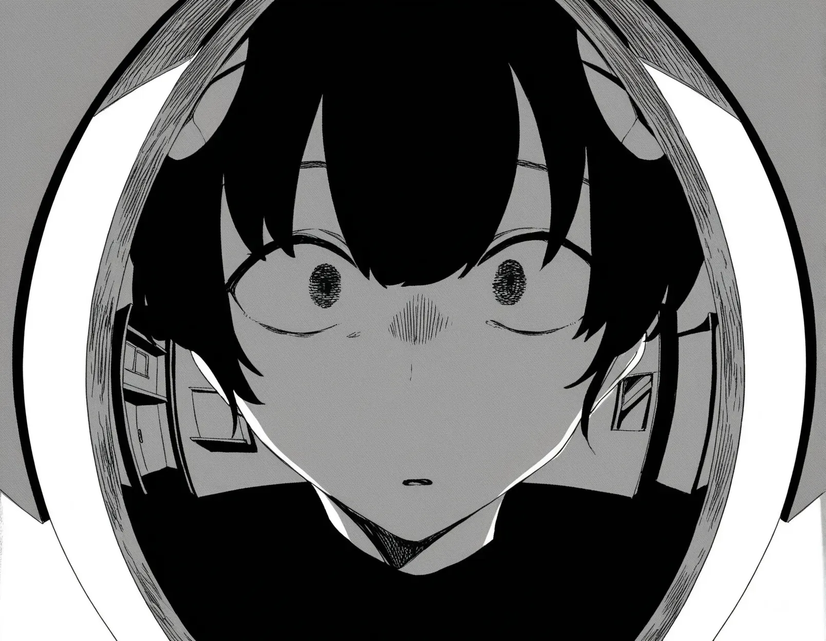 <lora:lo.c-000018:1>,portrait,wide-eyed,surreal,partially colored,fisheye, monochrome, greyscale, entrance