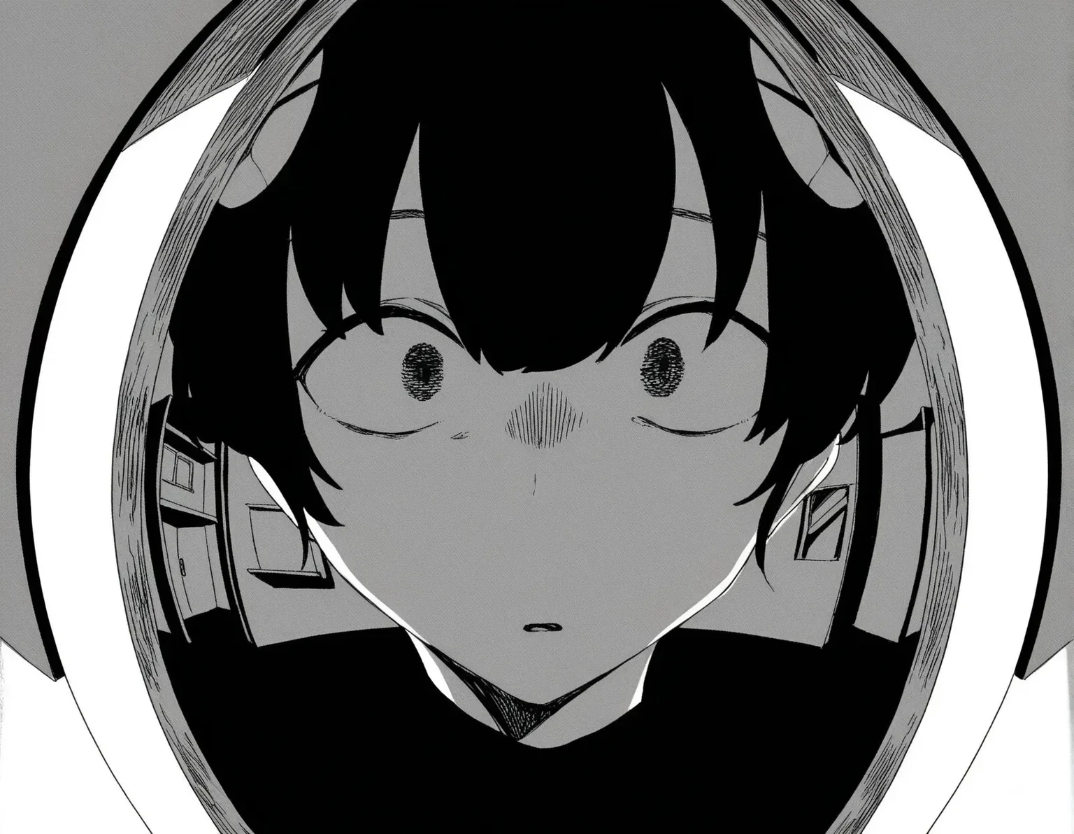 <lora:lo.c-000018:1>,portrait,wide-eyed,surreal,partially colored,fisheye, monochrome, greyscale, entrance