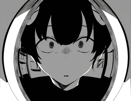 <lora:lo.c-000018:1>,portrait,wide-eyed,surreal,partially colored,fisheye, monochrome, greyscale, entrance