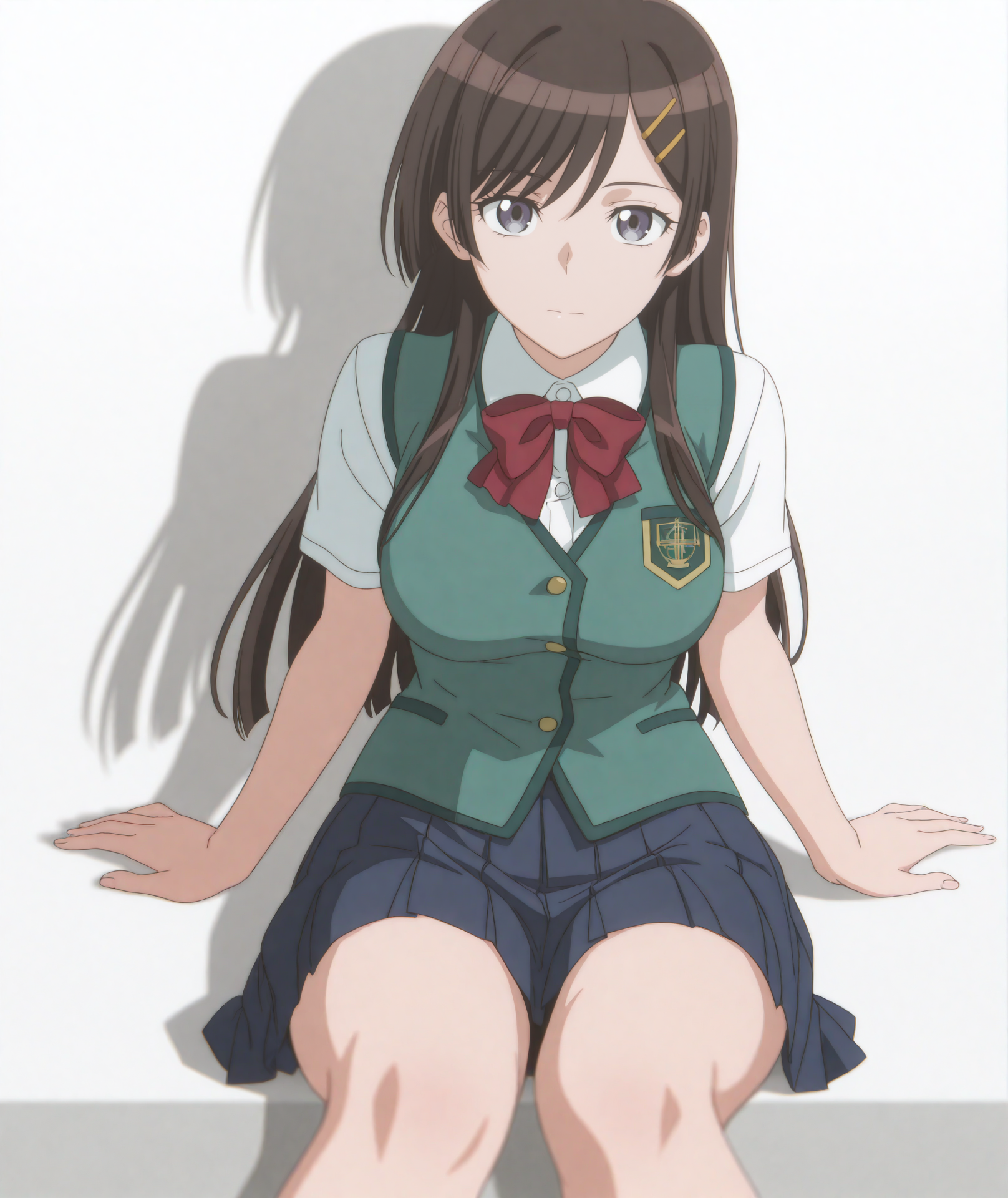 official art, absurdres, highres, anime coloring, hi res, best quality, masterpiece, 2d, intricate details, 4k, shadow,
1girl, solo, female, long hair, bangs, brown hair, black hair, hair ornament, hairclip, black eyes, grey eyes, purple eyes,
breasts, medium breasts, large breasts,
skirt, shirt, bow, school uniform, white shirt, short sleeves, pleated skirt, bowtie, vest, red bow, blue skirt, green vest, buttons, 
looking at viewer, 
depth of field, white background, <lora:Hibiki_Otonashi_(Character)_ILXL:1>
