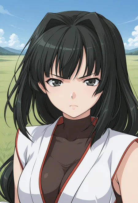 kusanagi_mikoto, black eyes, black hair, long hair, very long hair, low-tied long hair, hair intakes, covered collarbone, cleavage, japanese clothes, sleeveless, <lora:kusanagi_mikoto_illustrious_ver1:0.8>
serious,, masterpiece, best quality, very aesthetic, absurdres, general,, 1girl, solo, blue sky, (grasslands:1.2), looking at viewer,, (upper body:1.2), (close-up:1.2), (facing viewer:1.2), (open eyes:1.4), (portrait:1.2)