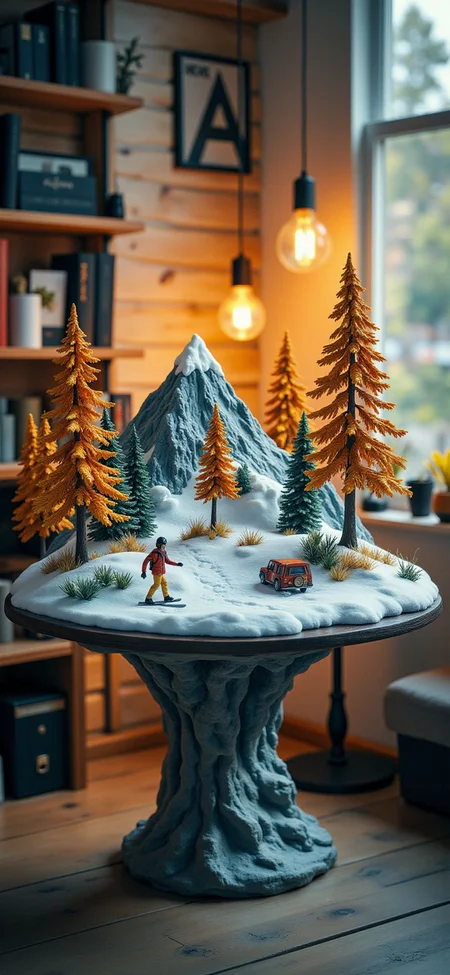 (indoor,very wide isometric view,tilt-shift lens:1.6), (windowless,fna_style,miniature,miniature,diorama,miniature,diorama,PVC,plastic:2),sunset snow,forest,slope with mountain,ski,snowboard at (floating island,levitating island:1.5) on (table:2) at (attic:2.5) <lora:Diorama_Flux:1>
<lora:Fantasy_Novel_Art_Style:1>